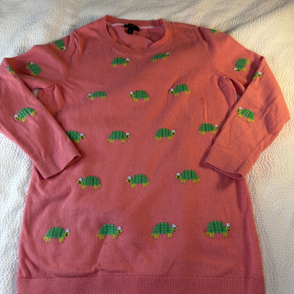 Talbots Women's P  Pink Turtle Embroidered Sweater Cotton Blend 3/4 Sleeve
